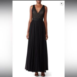 Badgley Mischka Black Embellished Waist Pleated Gown
